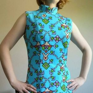 60's Cheongsam Turquoise Aztec Designer Dress